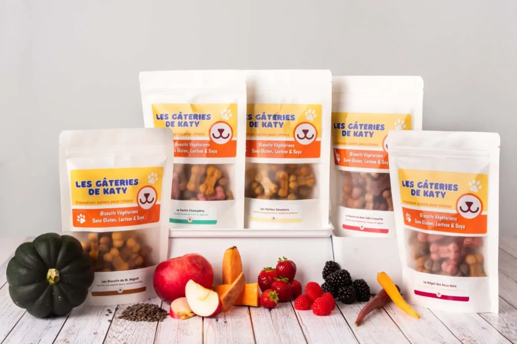 La gamme complète des biscuits Les Gâteries de Katy avec fruits et légumes frais